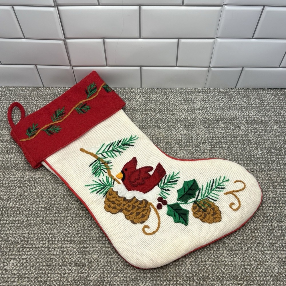 Christmas Stocking Red Bird Cardinal On Top Pinecones Beautiful Holiday Deco